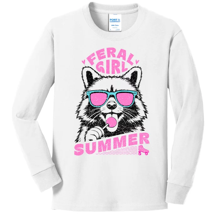 Feral Girl Summer Raccoon Vintage Kids Long Sleeve Shirt