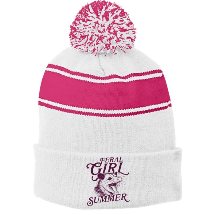 Feral Girl Summer Opossum Vintage Stripe Pom Pom Beanie