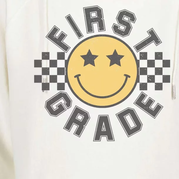 First Grade Star Smile Checker Back To School Retro Womens Funnel Neck Pullover Hood