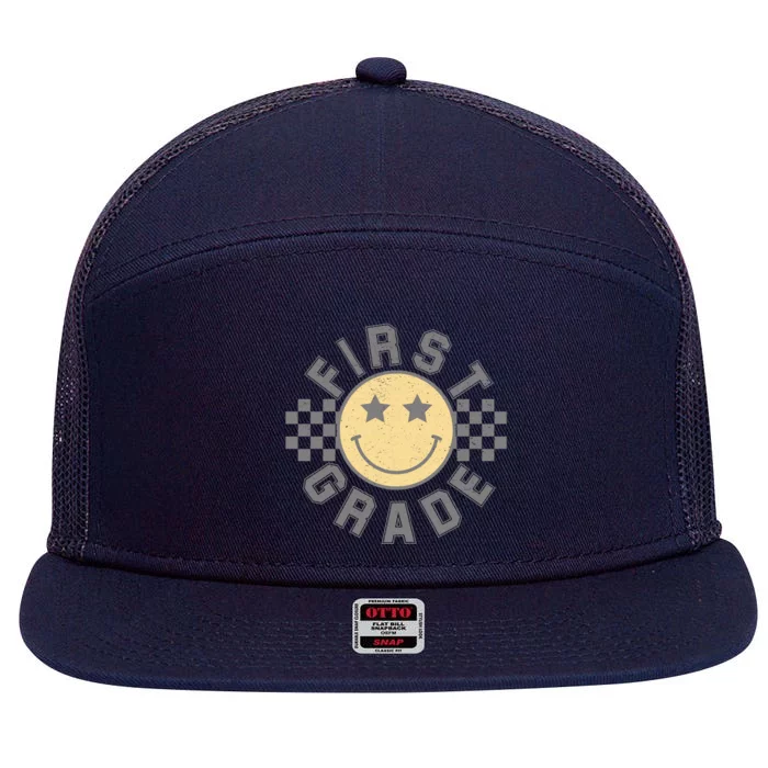 First Grade Star Smile Checker Back To School Retro 7 Panel Mesh Trucker Snapback Hat