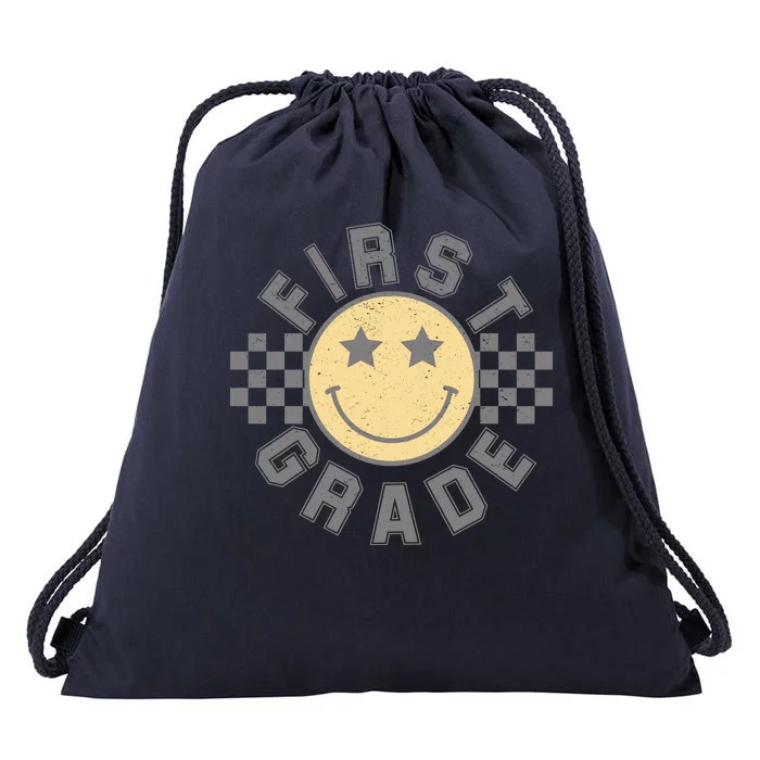 First Grade Star Smile Checker Back To School Retro Drawstring Bag