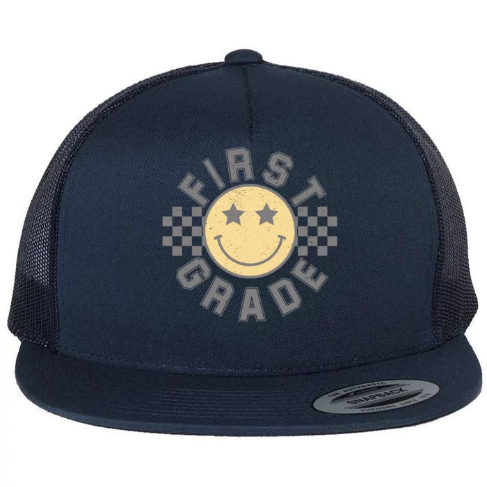 First Grade Star Smile Checker Back To School Retro Flat Bill Trucker Hat