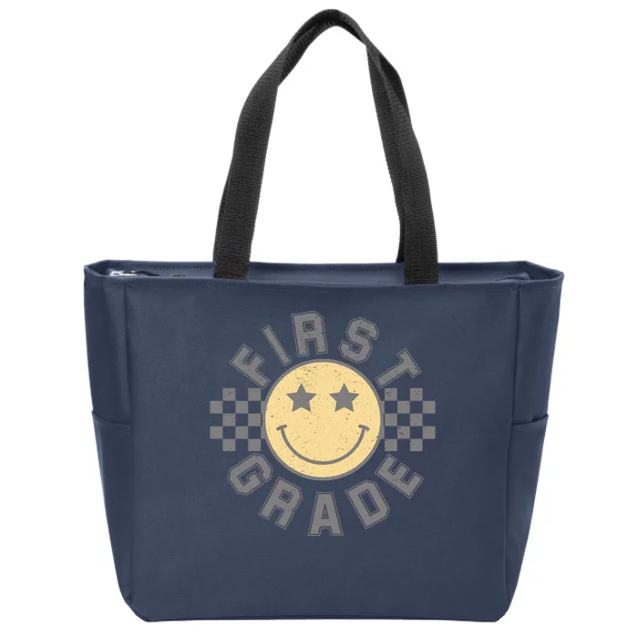 First Grade Star Smile Checker Back To School Retro Zip Tote Bag