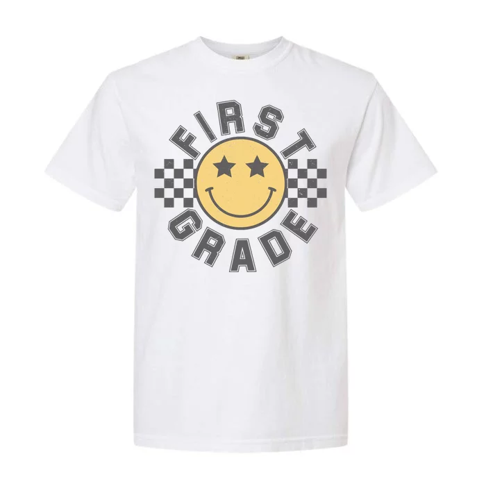 First Grade Star Smile Checker Back To School Retro Garment-Dyed Heavyweight T-Shirt