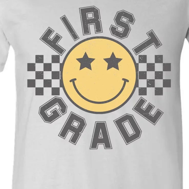 First Grade Star Smile Checker Back To School Retro V-Neck T-Shirt