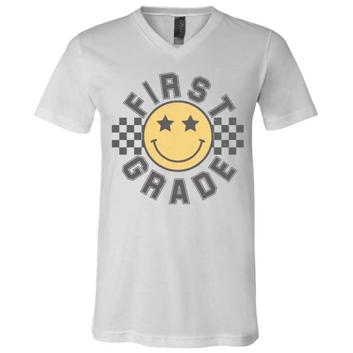 First Grade Star Smile Checker Back To School Retro V-Neck T-Shirt