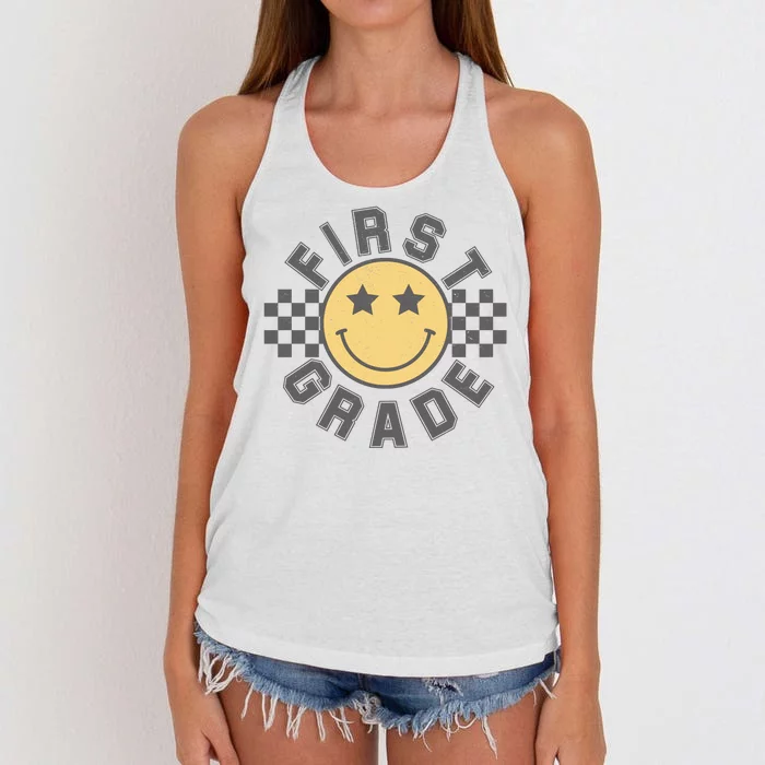 First Grade Star Smile Checker Back To School Retro Women's Knotted Racerback Tank