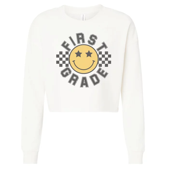 First Grade Star Smile Checker Back To School Retro Cropped Pullover Crew