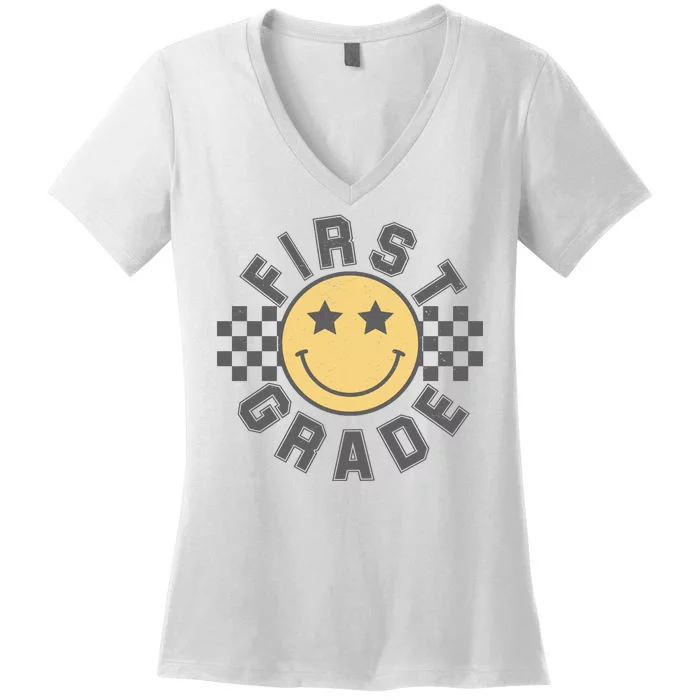 First Grade Star Smile Checker Back To School Retro Women's V-Neck T-Shirt