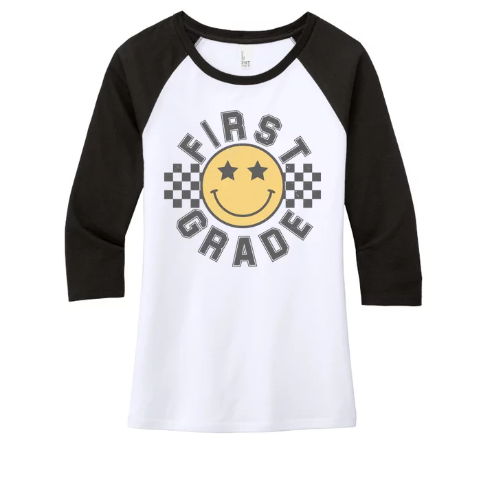 First Grade Star Smile Checker Back To School Retro Women's Tri-Blend 3/4-Sleeve Raglan Shirt