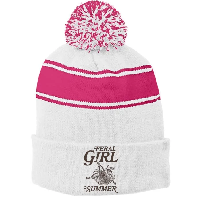 Feral Girl Summer Raccoon Vintage Stripe Pom Pom Beanie