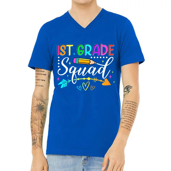 First Grade Squad Groovy First Day Of 1St Grade Teacher Gift V-Neck T-Shirt