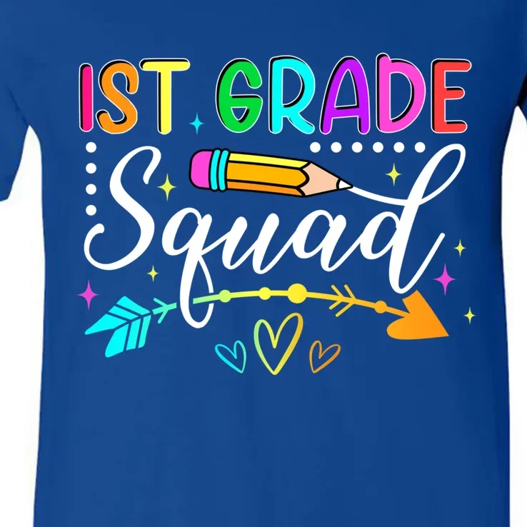 First Grade Squad Groovy First Day Of 1St Grade Teacher Gift V-Neck T-Shirt