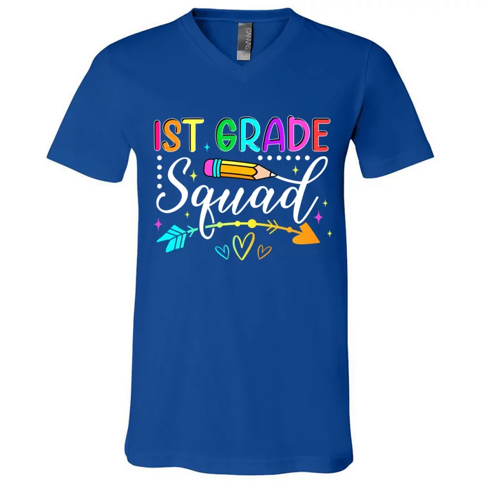 First Grade Squad Groovy First Day Of 1St Grade Teacher Gift V-Neck T-Shirt