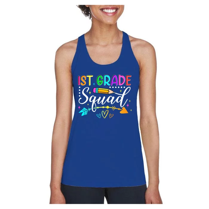 First Grade Squad Groovy First Day Of 1St Grade Teacher Gift Women's Racerback Tank