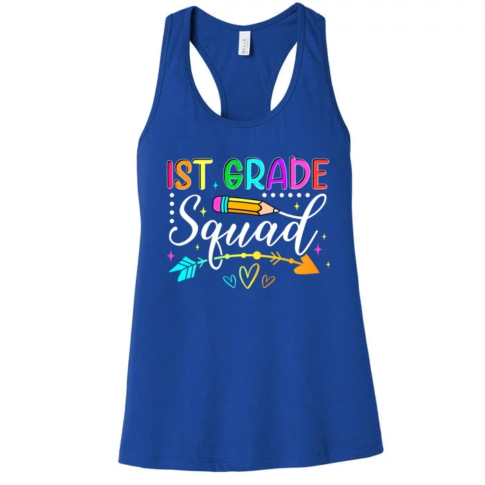 First Grade Squad Groovy First Day Of 1St Grade Teacher Gift Women's Racerback Tank