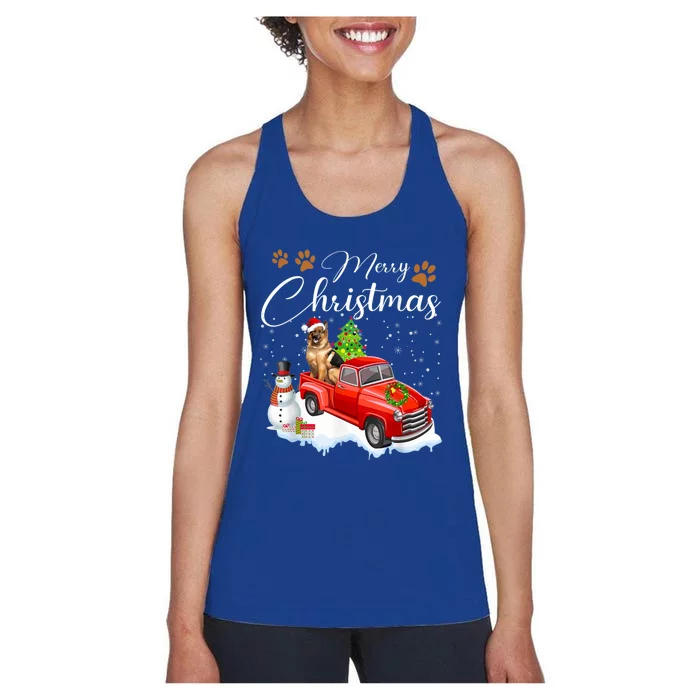 Funny Ger Shepherd Dog Snow Red Truck Christmas Xmas Tree Gift Women's Racerback Tank