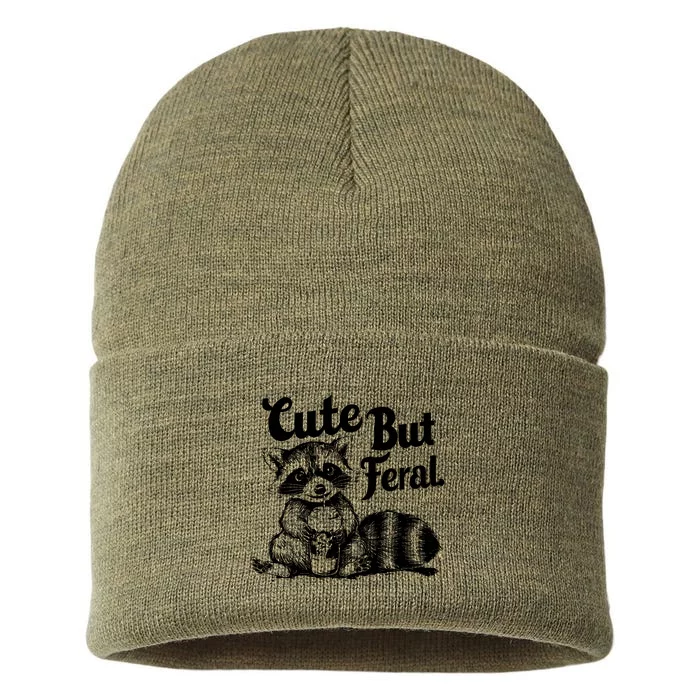 Feral Girl Summer Funny Meme Cute But Feral Raccoon Vacation Sustainable Knit Beanie