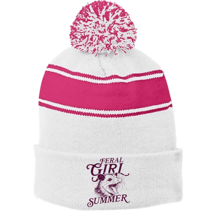 Feral Girl Summer Opossum Stripe Pom Pom Beanie