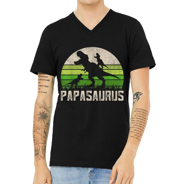 Funny Grandpa Shirts, Papasaurus Dinosaur 2 kid Fathers Day V-Neck T-Shirt