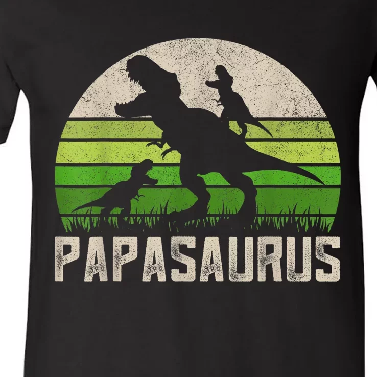 Funny Grandpa Shirts, Papasaurus Dinosaur 2 kid Fathers Day V-Neck T-Shirt