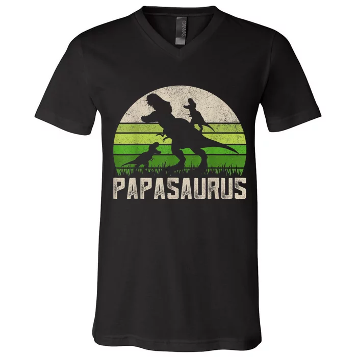 Funny Grandpa Shirts, Papasaurus Dinosaur 2 kid Fathers Day V-Neck T-Shirt