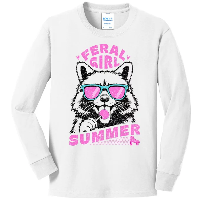 Feral Girl Summer Raccoon Vintage Kids Long Sleeve Shirt