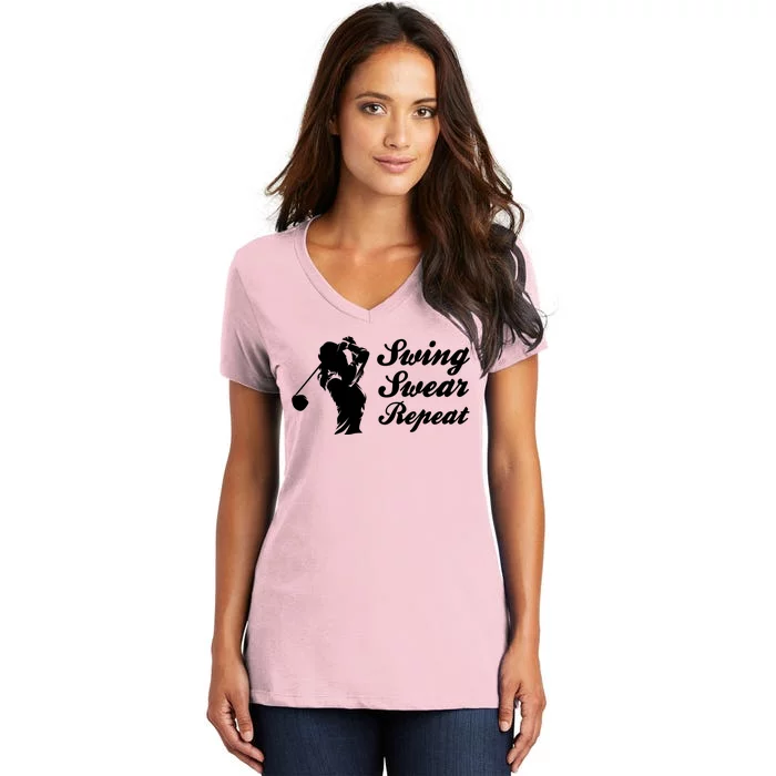 Funny Golf Swing Swear Repeat Female Golfer Version Women's V-Neck T-Shirt