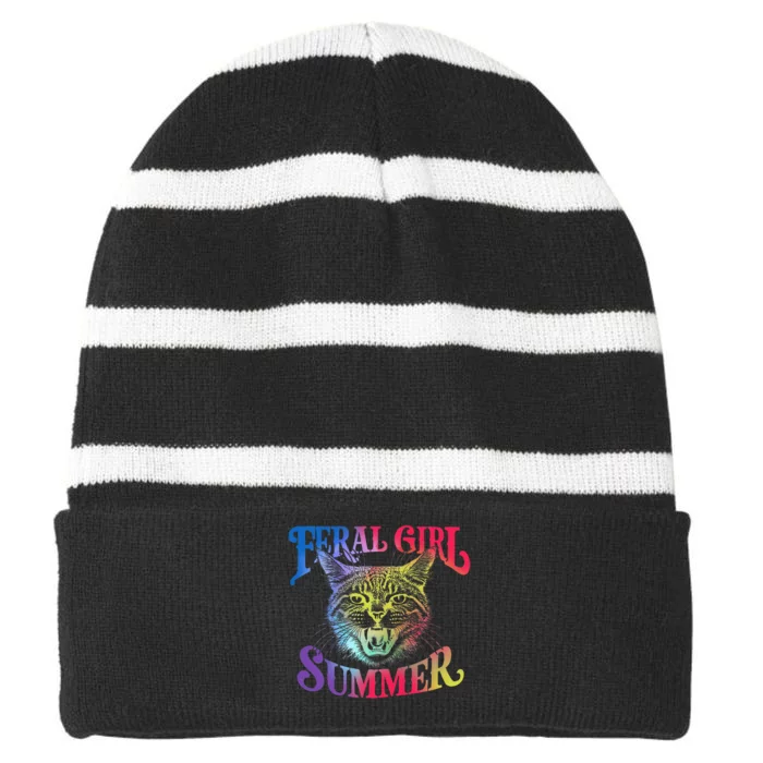 Feral Girl Summer Funny Cat Vintage Striped Beanie with Solid Band