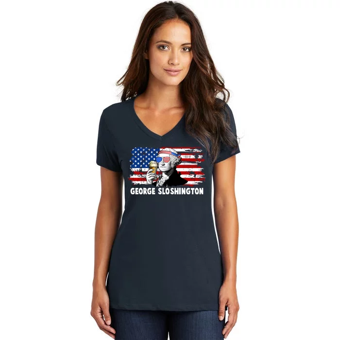 Funny George Sloshington USA American Flag Women's V-Neck T-Shirt