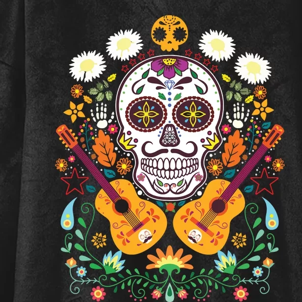 Flower Guitar Skull Day Of The Dead Gifts Mariachi Hooded Wearable Blanket