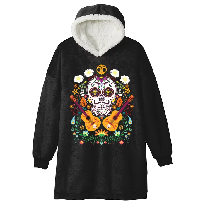 Flower Guitar Skull Day Of The Dead Gifts Mariachi Hooded Wearable Blanket