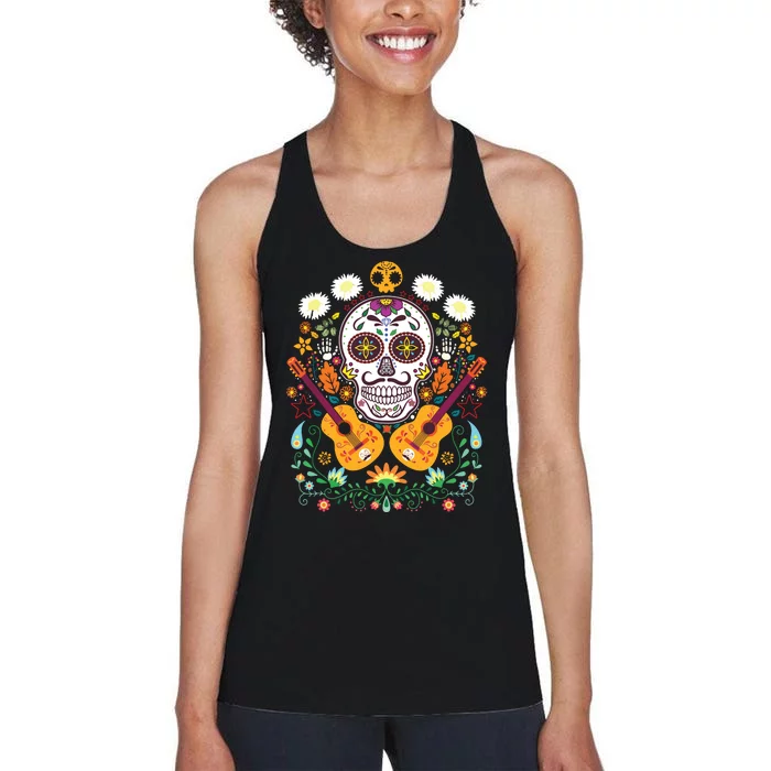 Flower Guitar Skull Day Of The Dead Gifts Mariachi Women's Racerback Tank