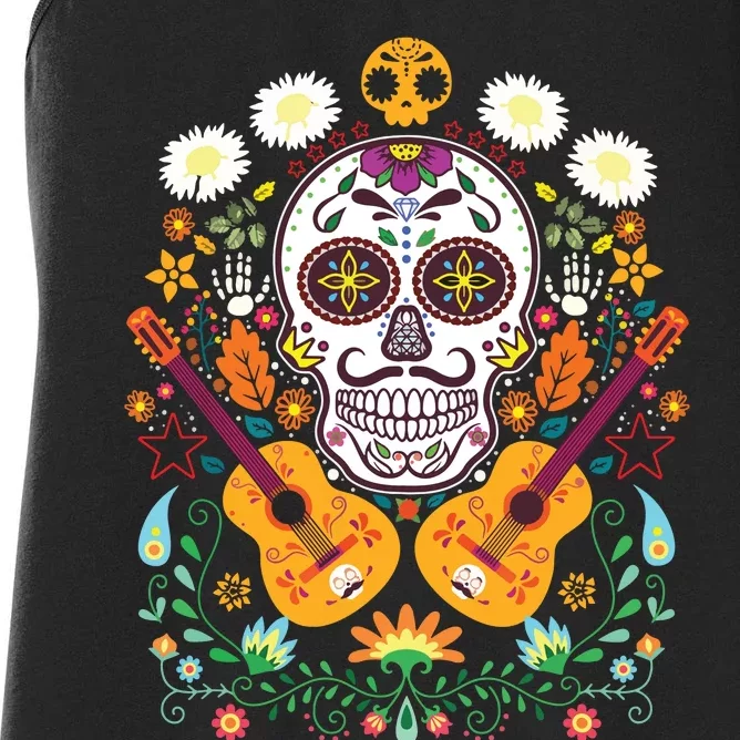 Flower Guitar Skull Day Of The Dead Gifts Mariachi Women's Racerback Tank