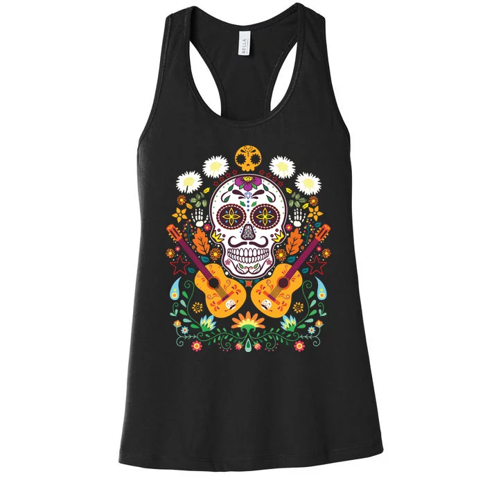 Flower Guitar Skull Day Of The Dead Gifts Mariachi Women's Racerback Tank