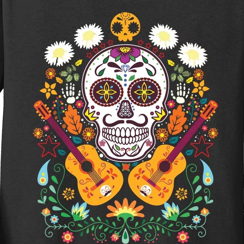 Flower Guitar Skull Day Of The Dead Gifts Mariachi Kids Long Sleeve Shirt