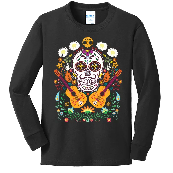 Flower Guitar Skull Day Of The Dead Gifts Mariachi Kids Long Sleeve Shirt