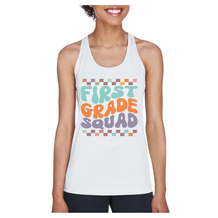 First Grade Squad Retro Groovy Women Happy First Day Of School Gift Women's Racerback Tank