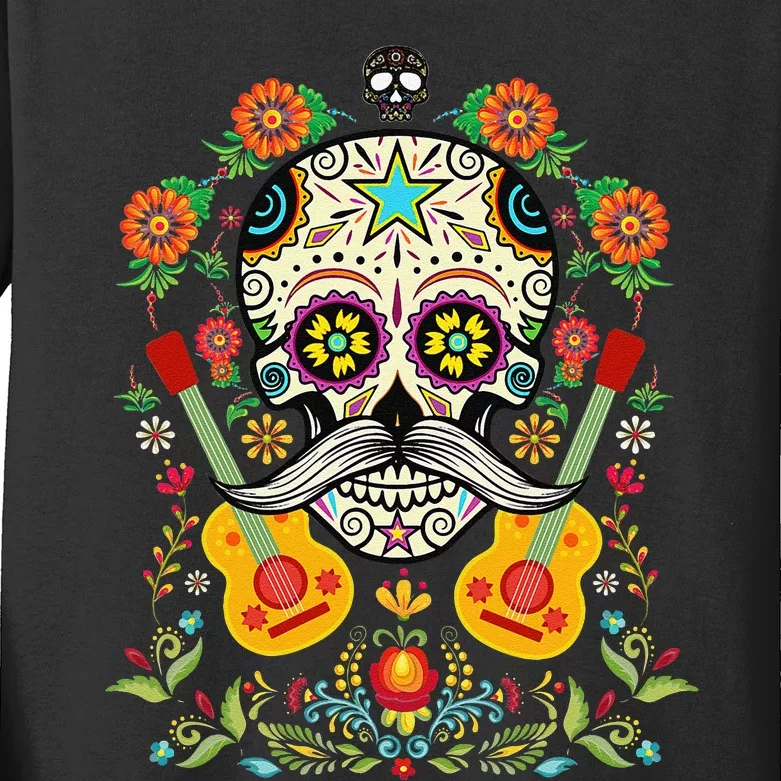 Flower Guitar Skull Day of the Dead Mariachi Kids Long Sleeve Shirt