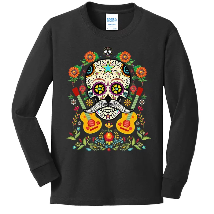 Flower Guitar Skull Day of the Dead Mariachi Kids Long Sleeve Shirt