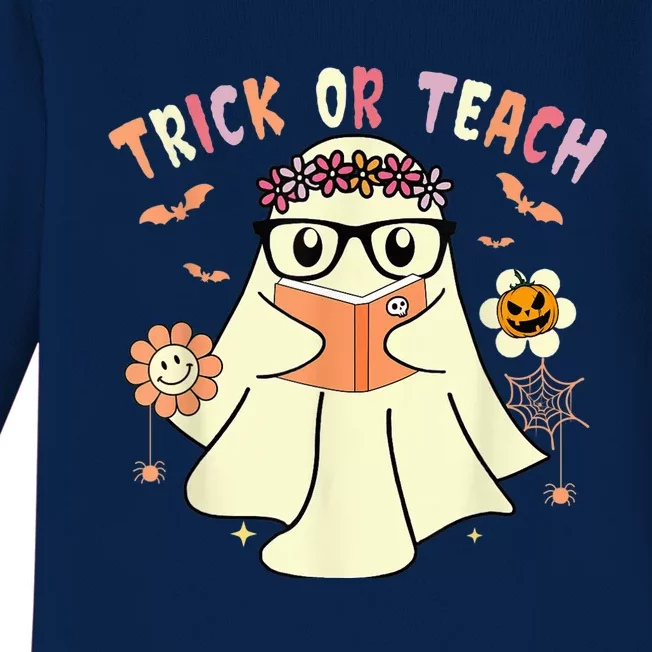 Floral Ghost Teacher Halloween Shirts Wo - Trick Or Teach Baby Long Sleeve Bodysuit