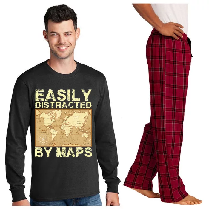 Funny Geography Teacher Easily Distracted By Maps Long Sleeve Pajama Set