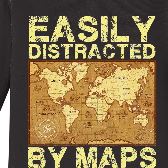 Funny Geography Teacher Easily Distracted By Maps Baby Long Sleeve Bodysuit