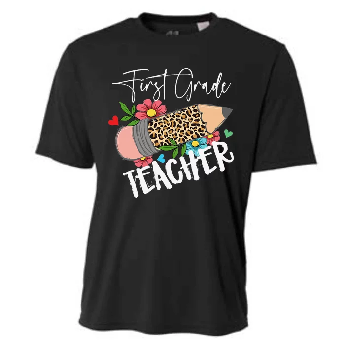 First Grade Teacher Leopard Pencil 1st Grade  Teacher Cooling Performance Crew T-Shirt