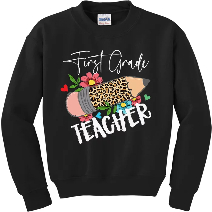 First Grade Teacher Leopard Pencil 1st Grade  Teacher Kids Sweatshirt