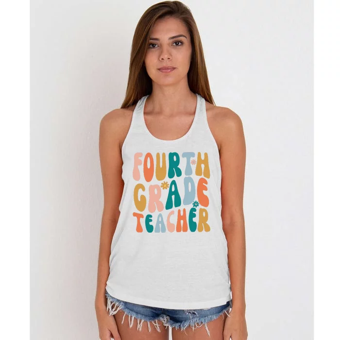 Fourth Grade Teacher Retro Groovy Design 4th Grade Teaching Women's Knotted Racerback Tank