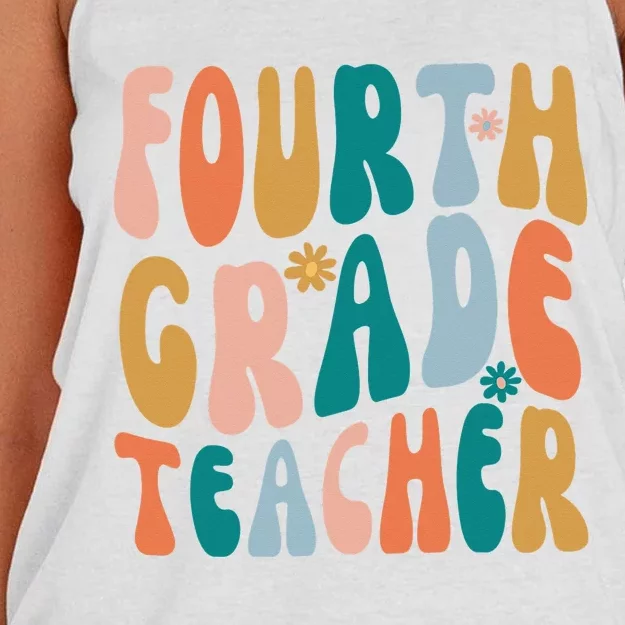 Fourth Grade Teacher Retro Groovy Design 4th Grade Teaching Women's Knotted Racerback Tank