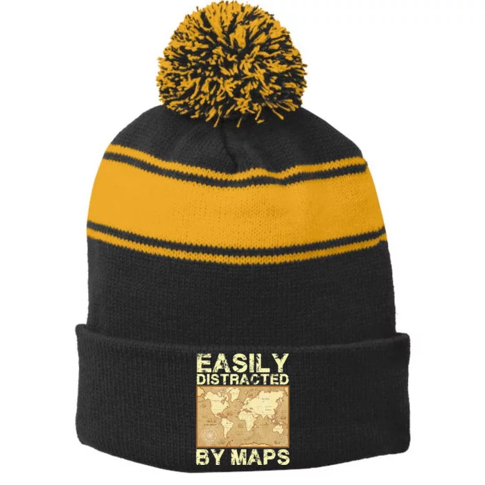 Funny Geography Teacher Easily Distracted By Maps Stripe Pom Pom Beanie