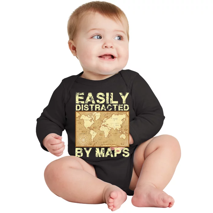 Funny Geography Teacher Easily Distracted By Maps Baby Long Sleeve Bodysuit