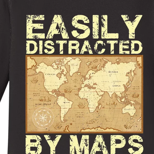 Funny Geography Teacher Easily Distracted By Maps Baby Long Sleeve Bodysuit